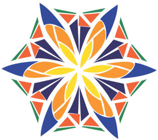 Aprodites's flower in purple, yellow, green, and two shades of orange