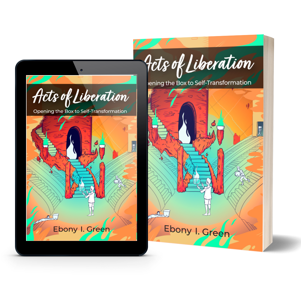 Physical and e-reader examples of "Acts of Liberation" book with red cartoon tower, blue staircase, and red lanterns with green flames